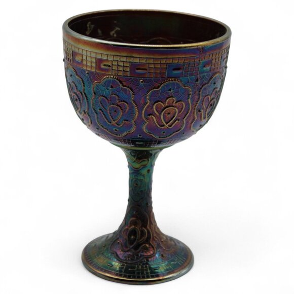 Fenton Persian Medallion Carnival Glass Iridescent 7" Pedestal Goblet Vase - Picture 3 of 8